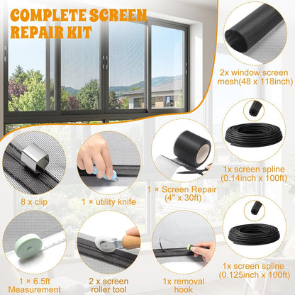 18 Pcs 48"x118" Window Screen Repair Kit Included 2 Rolls Fiberglass Mesh 4"x30ft Screen Repair Tape 8 Clips with Spline, Double Wheel Roller, Hook, Measuring Tape, and Cutter for Door Window