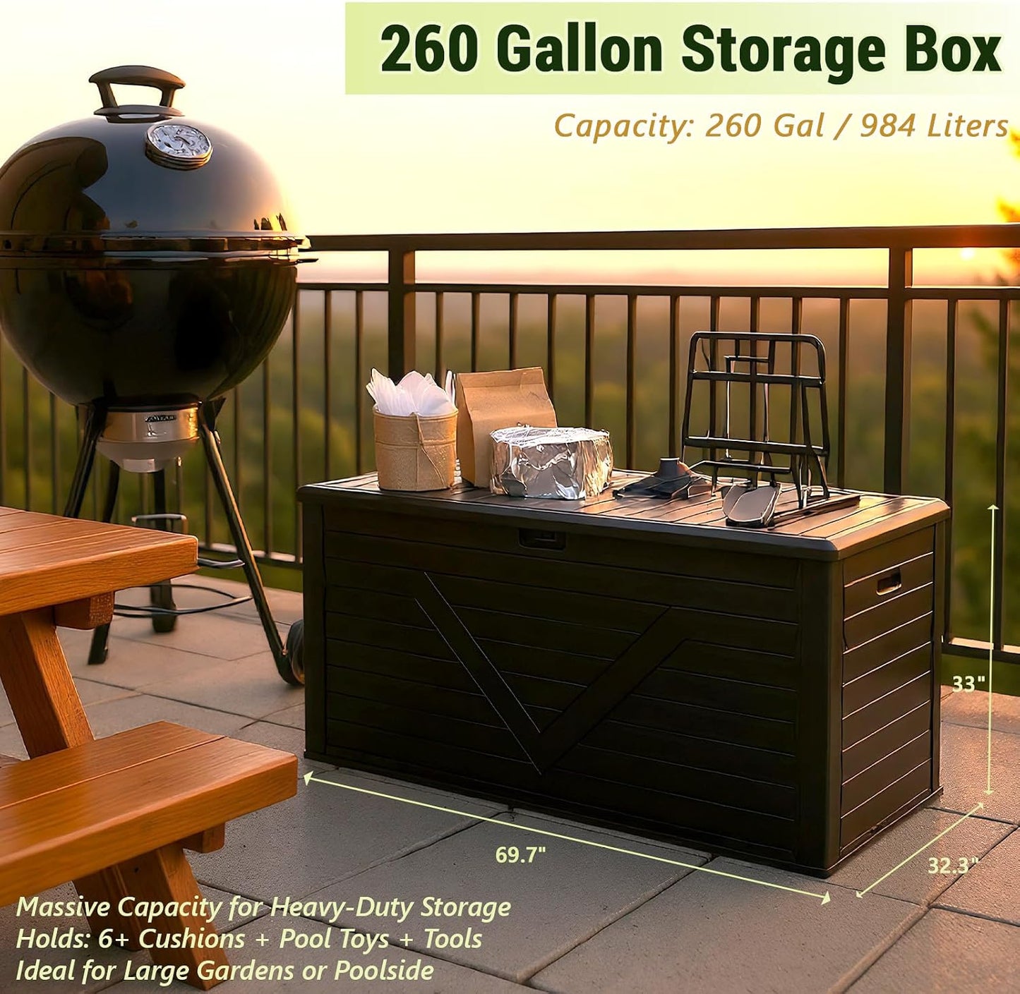 Outdoor Storage Box, 98 Gallon Deck Box, Outdoor Storage Bench, Waterproof Resin Storage Bench with Lockable Lid, Patio Furniture Cushions & Garden Tools Storage, UV Resistant (Black)