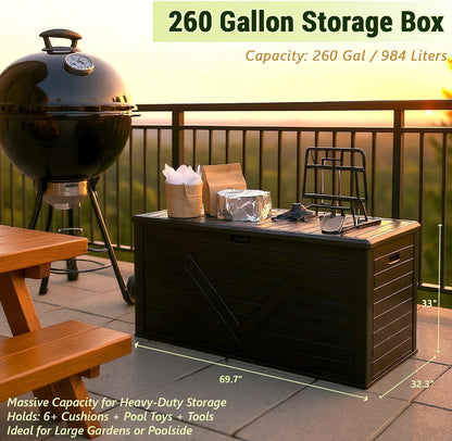 Outdoor Storage Box, 98 Gallon Deck Box, Outdoor Storage Bench, Waterproof Resin Storage Bench with Lockable Lid, Patio Furniture Cushions & Garden Tools Storage, UV Resistant (Black)