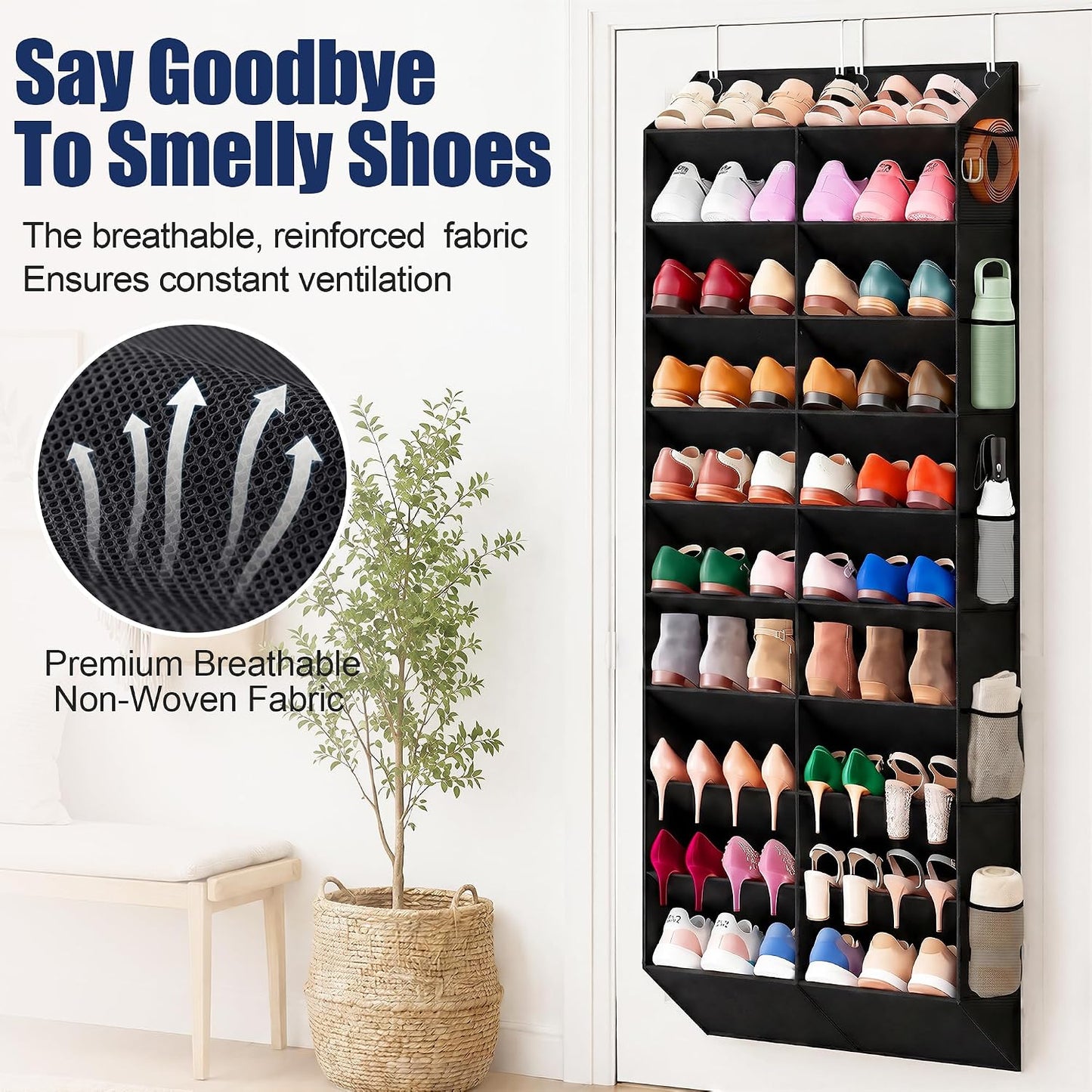 UVIAHOMI 20-30 Pairs Over the Door Shoe Organizer with Side Mesh Pockets, 10-Tier Hanging Shoe Storage for Closet, Breathable Door Shoe Rack Holds Sneakers, Boots, Heels & Daily Essentials, Black
