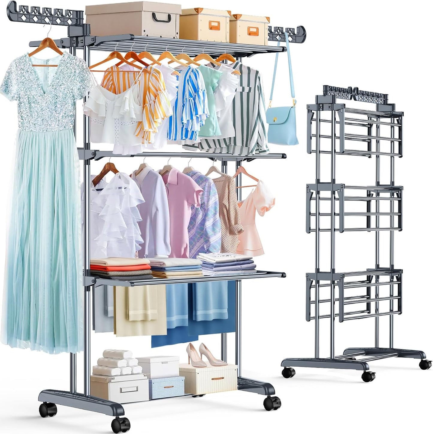 PurKeep 𝐔𝐩𝐠𝐫𝐚𝐝𝐞 Clothes Drying Rack with Wheels, 4 Tier Folding Drying Rack, Heavy Duty Laundry Drying Rack with Expandable Side Wings, Indoor Outdoor Clothes Air Drying Rack for Large Family