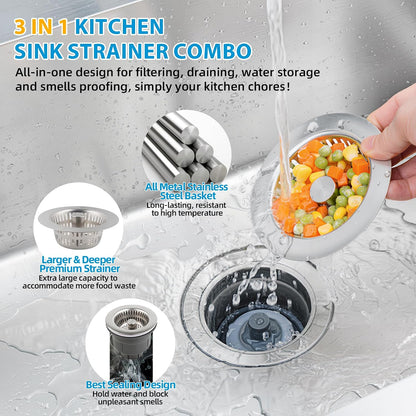 Hibbent Upgraded 3 In 1 Kitchen Sink Drain Strainer and Stopper Combo Assembly Kit, Stainless Steel Larger Anti-Clogging Basket, Pop Up Stopper Plug for US Standard 3-1/2 Inch, Brushed Nickel