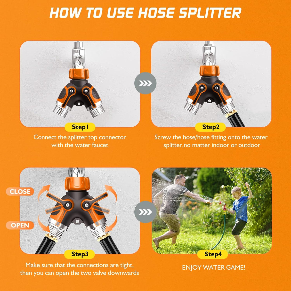 2 Way Garden Hose Splitter with Shut Off Valve,Water Spigot Splitter for 3/4" Hose Connector,Heavy Duty Metal Outdoor Faucet Splitter Y Connector for Garden Hose,with 3 Leakproof Washers & 1 tape