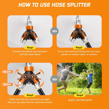 2 Way Garden Hose Splitter with Shut Off Valve,Water Spigot Splitter for 3/4" Hose Connector,Heavy Duty Metal Outdoor Faucet Splitter Y Connector for Garden Hose,with 3 Leakproof Washers & 1 tape