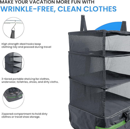 Grand Fusion Stow-N-Go Hanging Travel Shelves, Packing Organizer for Luggage. Carry on Closet for Suitcase. Expandable Packing Cube. Travel Essentials. (Black - L, L = (L) 11.8" x (W) 11.8")