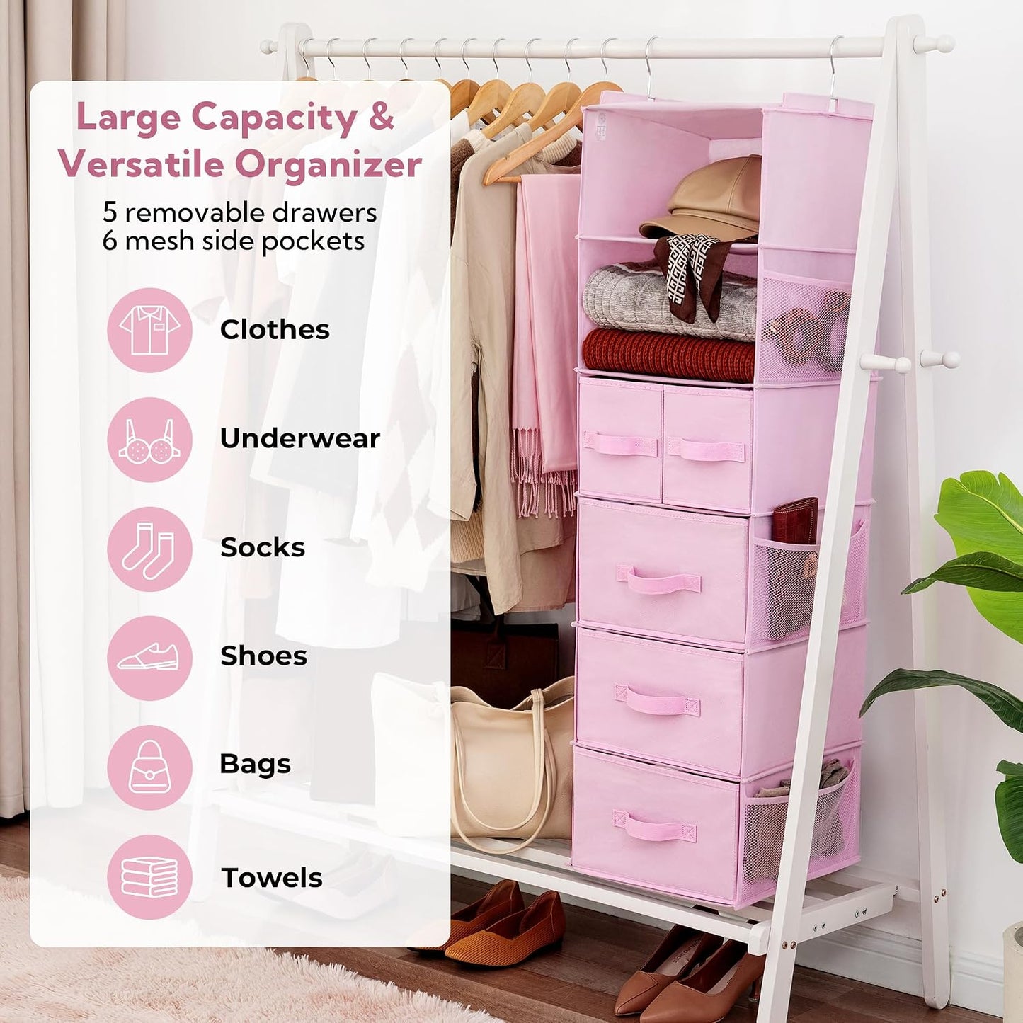 GRANNY SAYS Hanging Closet Organizer 6 Shelves, Closet Organizers and Storage with 5 Drawers, 6 Side Pockets Closet Hanging Organizer, Hanging Storage Organizer for Closet, Baby Clothes, Gray