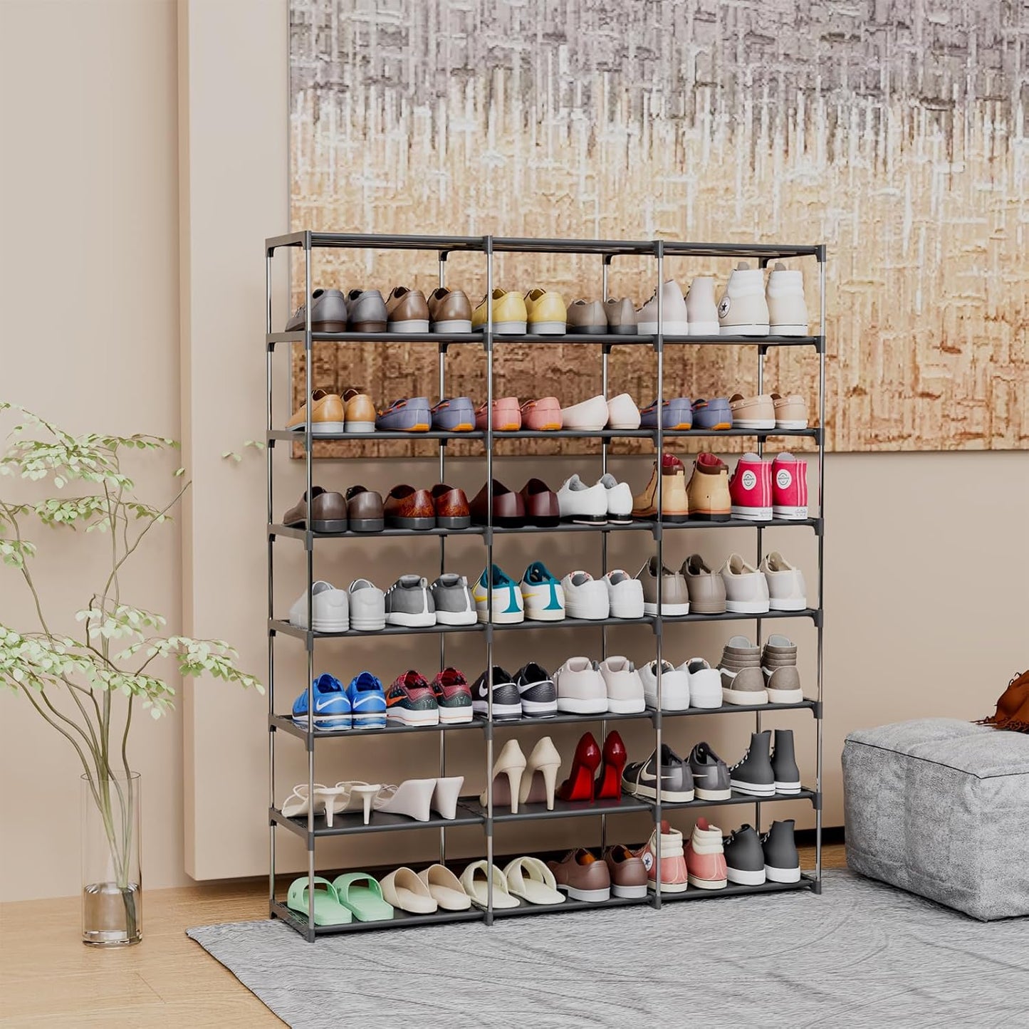 SMILHELTD Large Shoe Rack 4 Row 8 Tier for Entryway Holds 64 Pairs, Metal & Plastic Sneaker Shelves, DIY Assembly, Space Saving Storage Organizer for Garage Closet, 66.1" W x 49.2" H