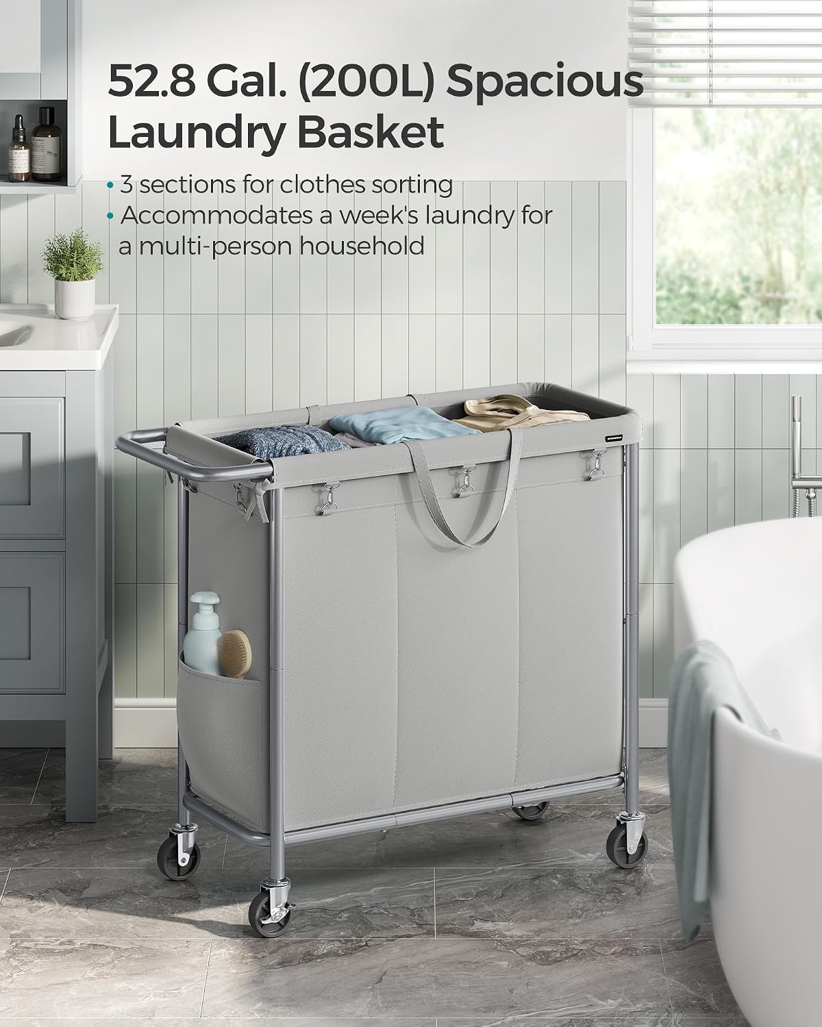 SONGMICS Laundry Basket with Wheels, 3-Section Rolling Laundry Hamper, 52.8 Gallons (200 L), Removable Liner, Steel Frame with Handle, 35.8 x 15.4 x 31.9 Inches, Cream White URLS005W01