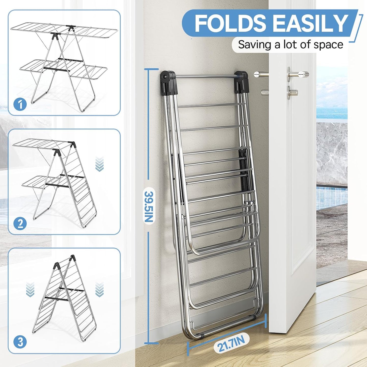 APEXCHASER Large Stainless Steel Clothes Drying Rack, Drying Rack Clothing with Height-Adjustable, Foldable Gullwings Laundry Rack, Indoor Outdoor Use, No Assembly,Black