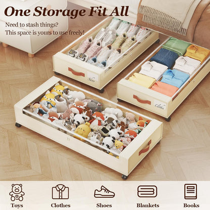 Yecaye Under Bed Storage with Wheels, 2 Pack Under Bed Storage Containers, 60L Underbed Shoe Storage with Clear Window & Label, Rolling Under Bed Metal Drawer for Clothes, Shoes, Books, Blankets