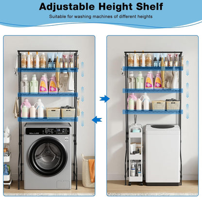 Laundry Room Storage Shelf – 3 Tier Carbon Steel Organizer for Over Washer & Dryer, Adjustable Height, with Hanging Rod & Rotating Hooks, Heavy Duty Space Saver Black
