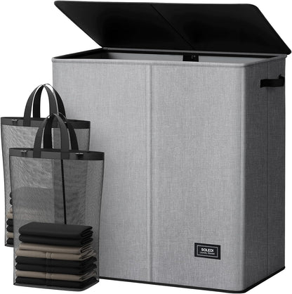 SOLEDI Luxury Double Laundry Hamper with Lid and Removable Bags, 38.3 Gal Large Laundry Bin, Laundry Basket 2 Sections, Collapsible Clothes Hamper for Bedroom, Laundry Room, Bathroom, Off-white