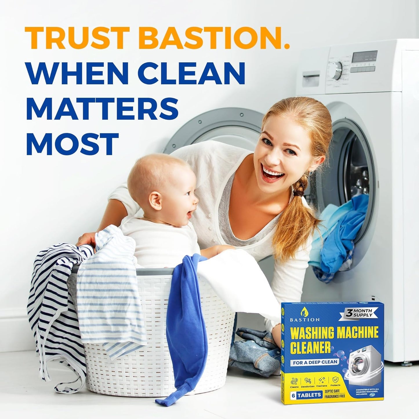 Bastion Washing Machine Cleaner, Deodorizer, & Descaler 6-Pack - Active Deep Cleaning Tablets For HE Front Loader & Top Load Washer, Septic Safe Eco-Friendly - 3 Month Supply
