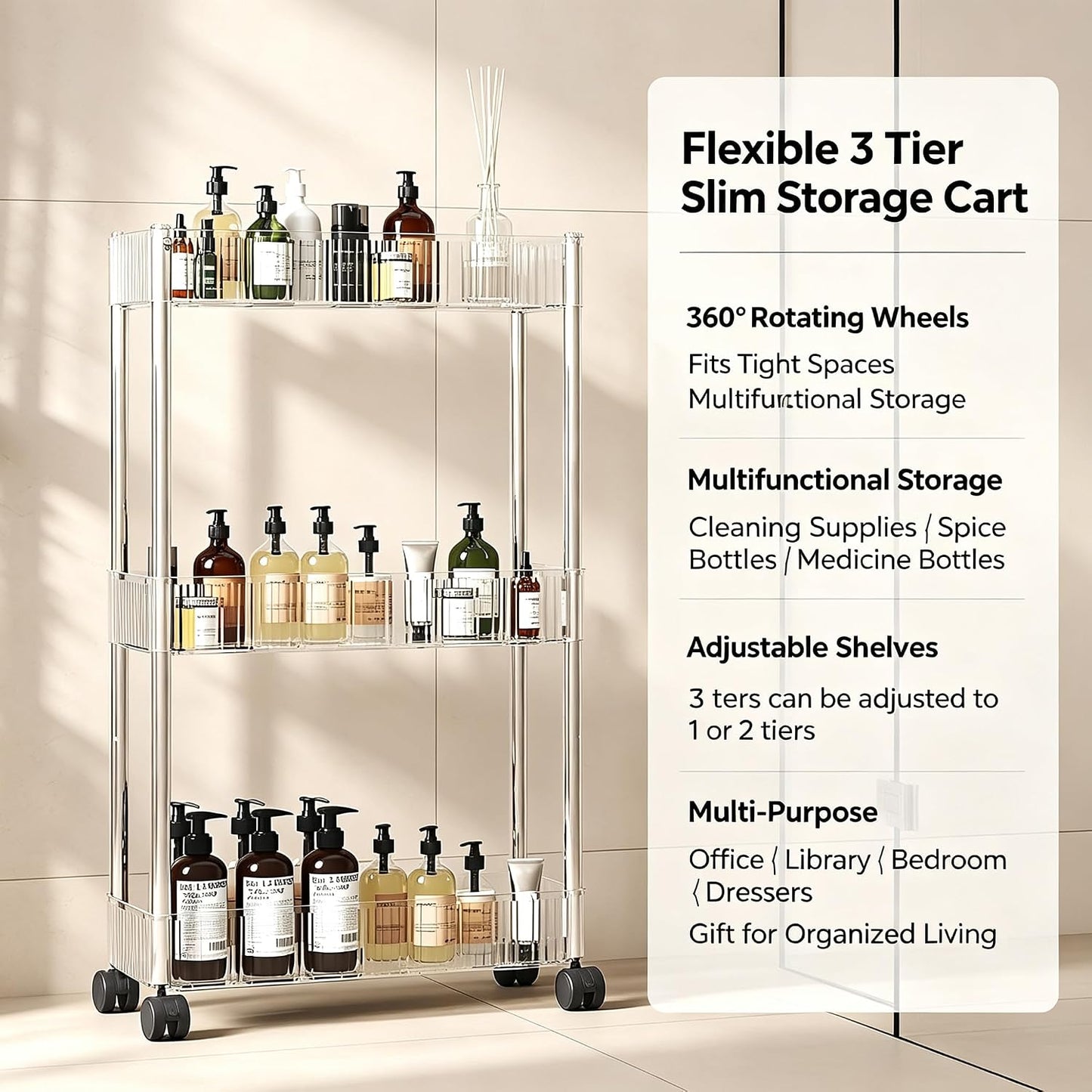Sooyee 3 Tier Rolling Cart with Wheels, Slim Storage Cart, Under Desk Narrow Rolling Utility Cart Storage Organizer for Office Bathroom Kitchen Laundry Room Narrow Places, White, Plastic and Metal