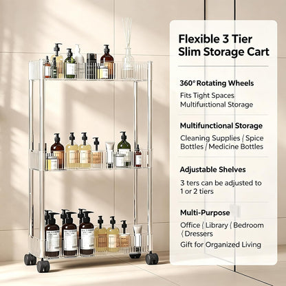 Sooyee 3 Tier Rolling Cart with Wheels, Slim Storage Cart, Under Desk Narrow Rolling Utility Cart Storage Organizer for Office Bathroom Kitchen Laundry Room Narrow Places, White, Plastic and Metal