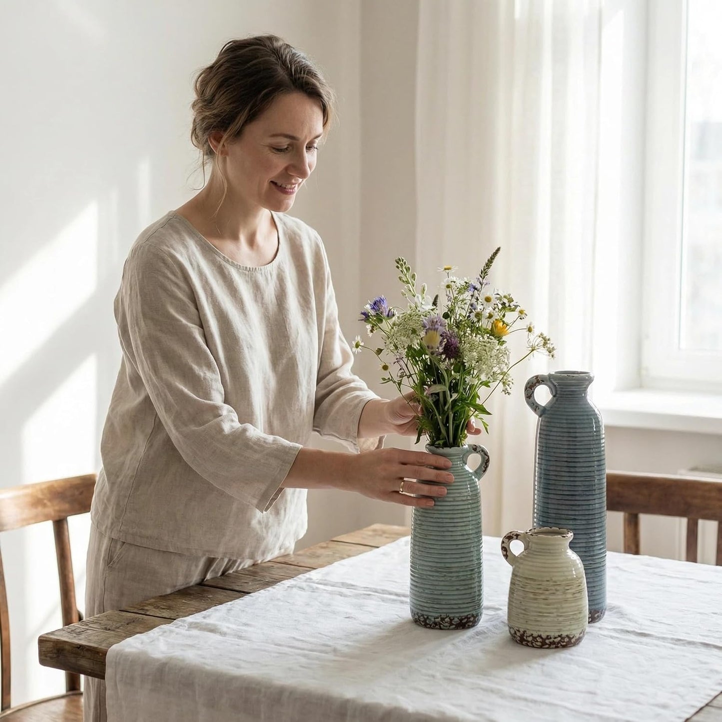 Ceramic Vase Set of 3 with Handles, Green White Neutral Rustic Modern Farmhouse Boho Decor, Versatile as Table Centerpiece or Mantel & Shelf Accent - Unique Home Gift Idea