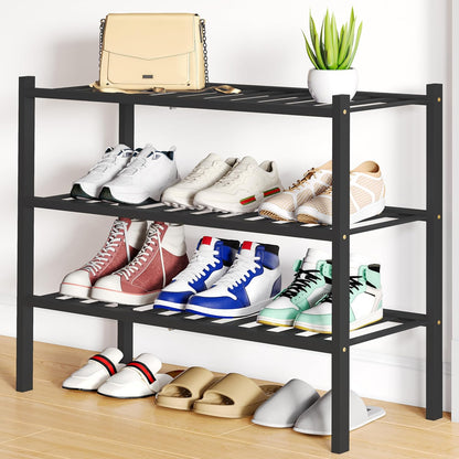 Smiry Bamboo Shoe Rack, 3 Tier Free Standing Wooden Shoe Organizer, Stackable Wood Shoe Storage Shelf for Closet, Entryway, 12 Vertical Slats, 2+1 Stack Standard Legs, 26.8"x11"x19.5", Natural