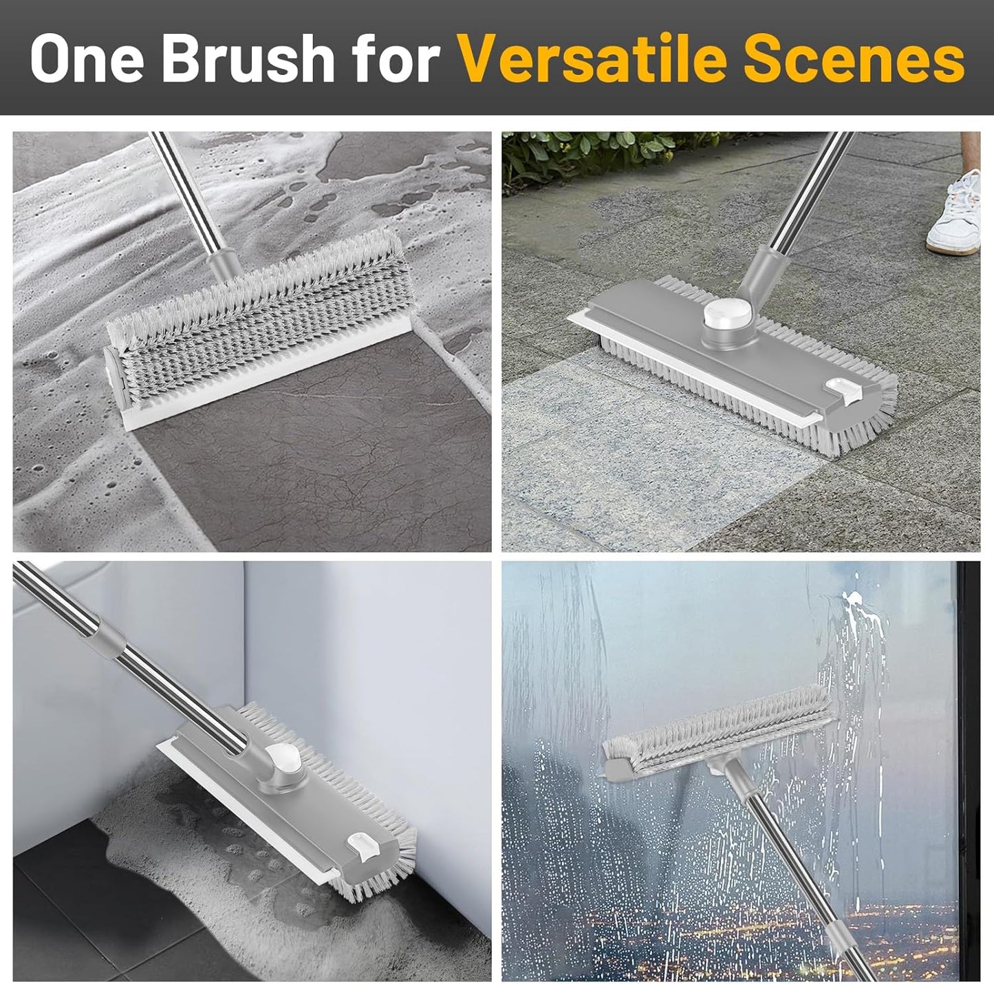 3 in 1 Floor Scrub Brush with Long Handle & Squeegee | Heavy-Duty, Adjustable, 360° Rotating Head for Cleaning Tile Bathroom Deck Kitchen Patio, Blue