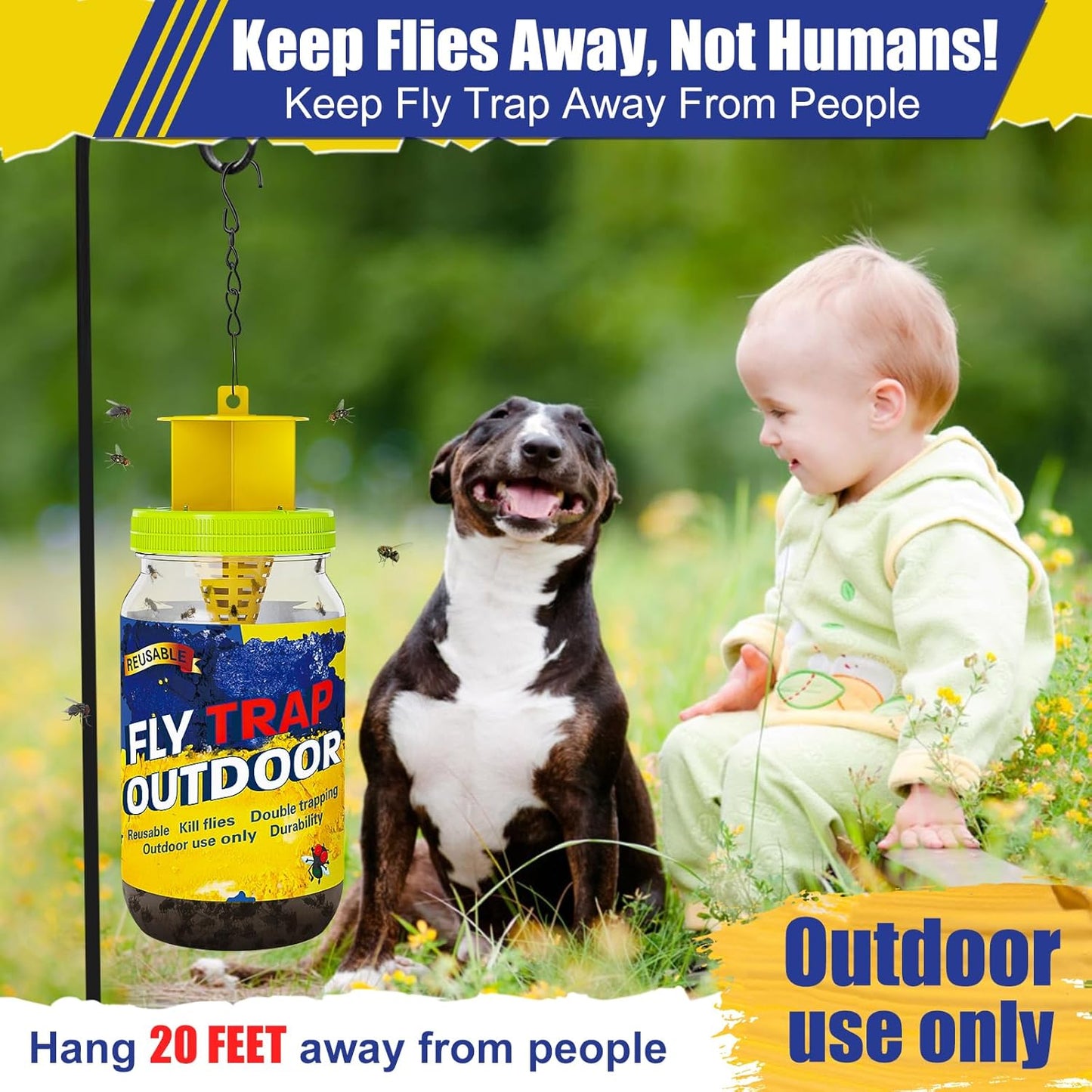 Reusable Fly Traps Outdoor Bottles, 3 Pack Fly Killer Catcher Jar with 6 Natural Magnet Bait Refills Lure, Flies Bug Insect Trap Control Outdoor Hanging for Outside Barns, Stable, Patio