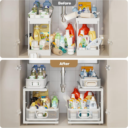 2 Pack 18.5IN-Depth Under Sink Organizer With Next-Gen Ball-Bearing Slides,2-Tier Precision Mesh Pull Out Cabinet Storage for Bathroom&Kitchen,Height Adjustable Drawers Shelf,Anti-rust-White