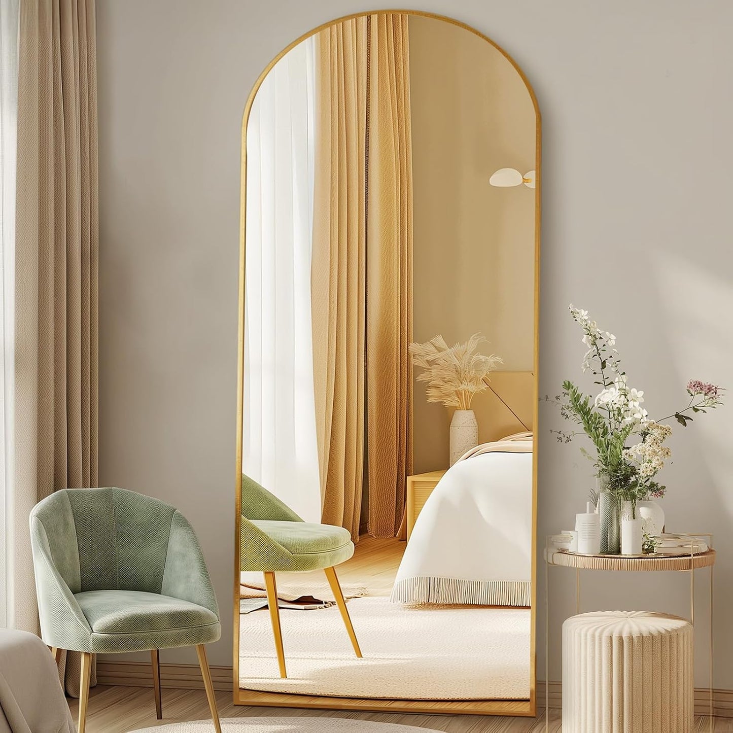 DUMOS 64"x21" Arched Full Length Floor Mirror, Full Body Mirror with Stand, Shatterproof Tempered Glass, Modern Aluminum Alloy Frame, Free Standing or Leaning for Home Decor, Gold