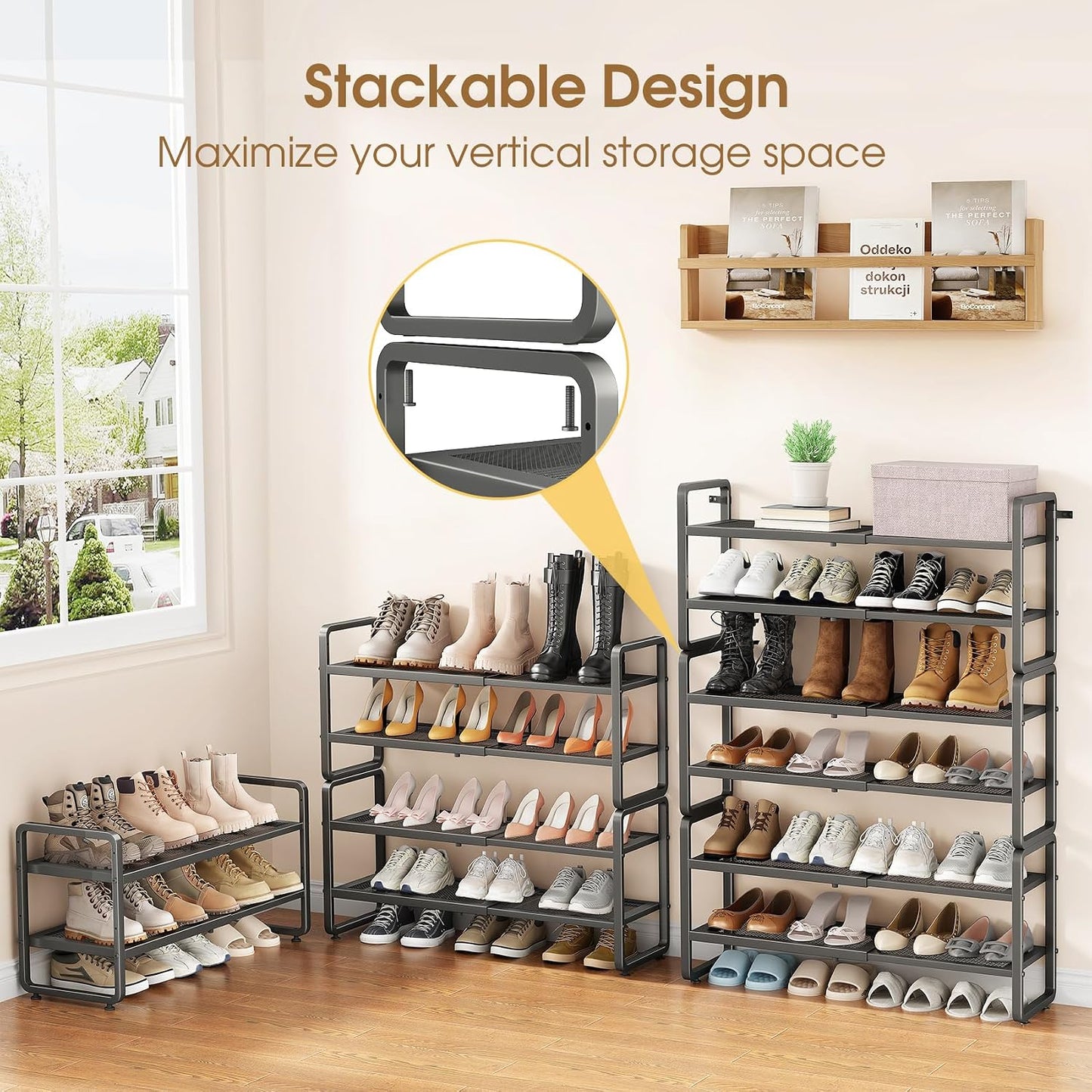 SAYZH Expandable Shoe Rack for Closet, Adjustable Metal Shoe Organizer with Sturdy Mesh Shelves for Boots & Heels, Stackable Shoe Storage for Entryway, Garage, Small Spaces (Black, 2-Tier)