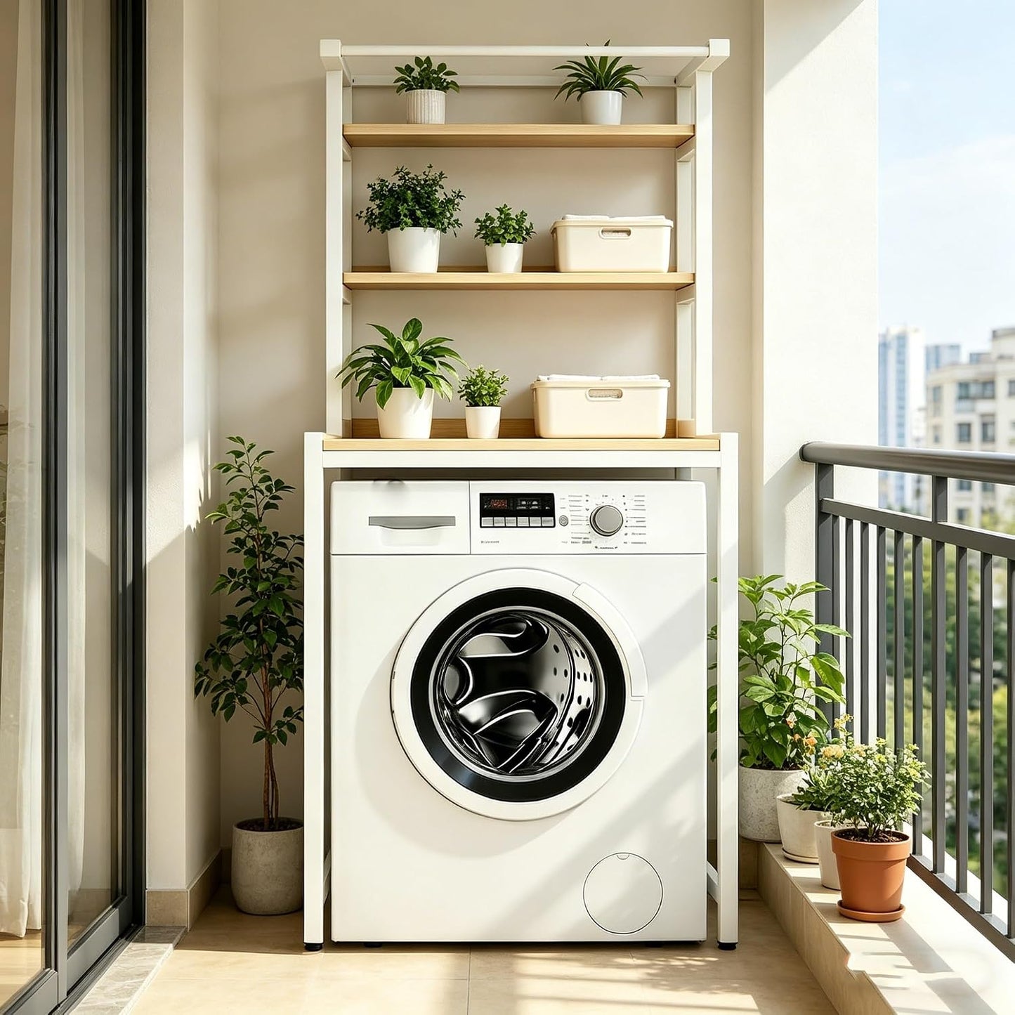 Durable 3-Tier Over The Washer Storage Rack, Freestanding Laundry Organizer with White Metal Frame & Wood Grain Boards, Movable Space Saving Shelf for Front Load Washers & Dryers