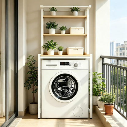 Durable 3-Tier Over The Washer Storage Rack, Freestanding Laundry Organizer with White Metal Frame & Wood Grain Boards, Movable Space Saving Shelf for Front Load Washers & Dryers