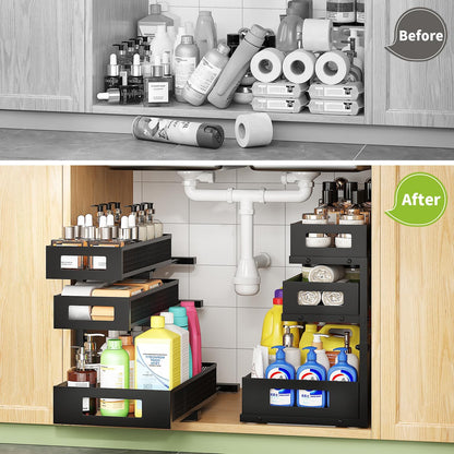 3-Tier Under Sink Organizer,2 Pack Height Adjustable Pull Out Cabinet Organizer Shelf, Thickened Metal Slide out Storage Drawer Rack for Bathroom Laundry Room Kitchen Pantry Organization (White)