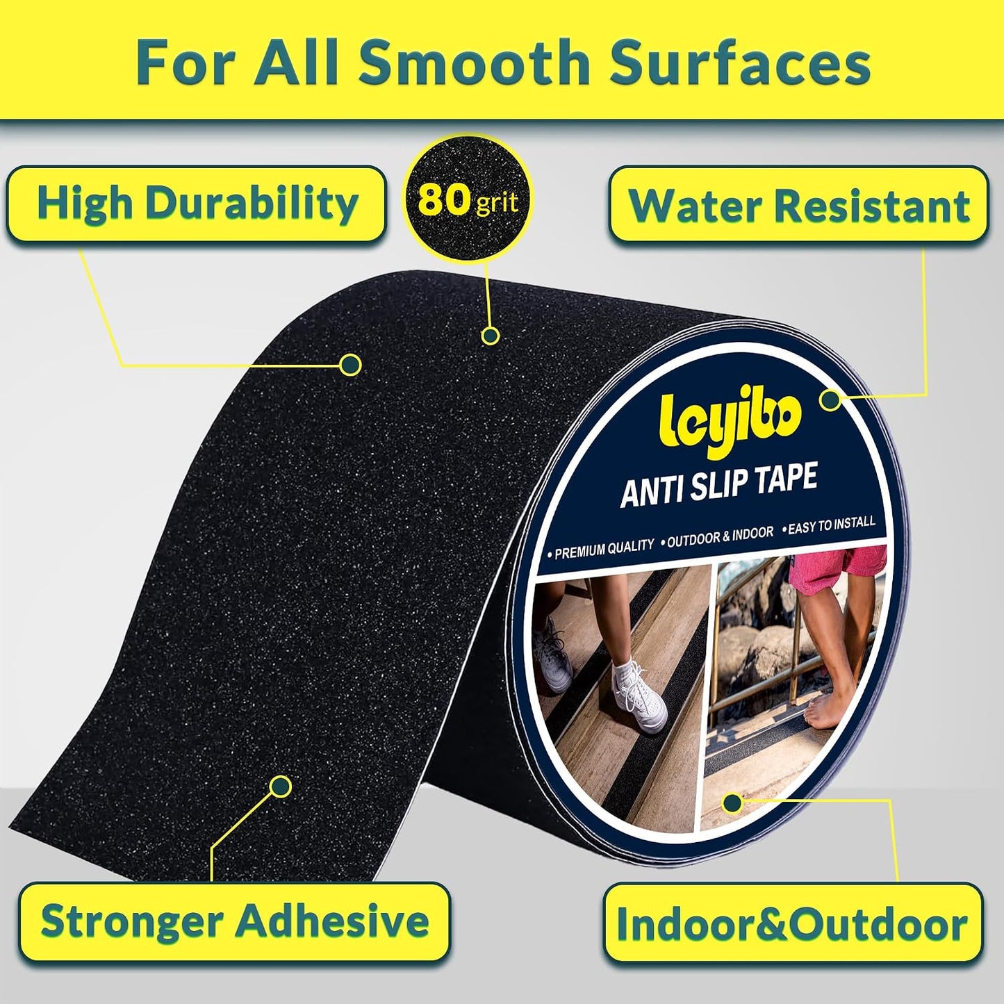 Anti Slip Tape, 12 Inch x 16 Ft Grip Tape for Stairs Outdoor/Indoor, Waterproof Non Skid Roll for Stair Treads Non Slip, High Traction Friction Abrasive Adhesive Stair Steps - Black