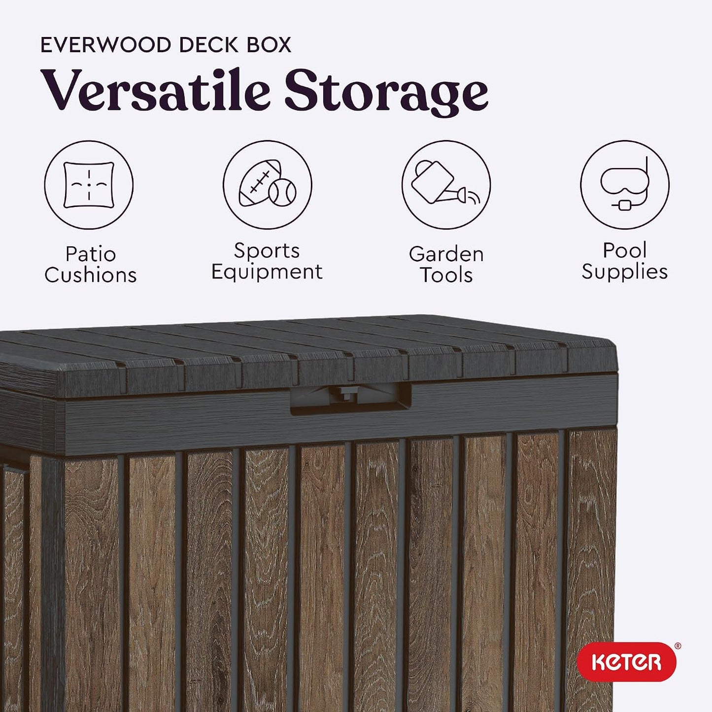 Keter Signature Everwood 30 Gallon Resin Outdoor Storage Box and Patio Furniture Side Table for Pool and Garden Accessories, Walnut