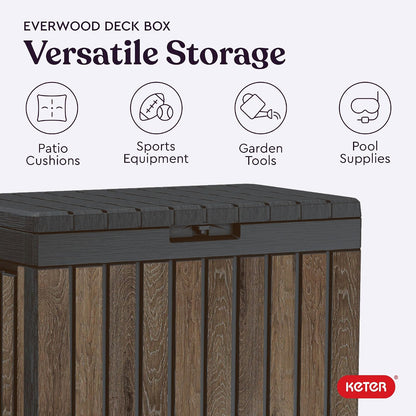 Keter Signature Everwood 30 Gallon Resin Outdoor Storage Box and Patio Furniture Side Table for Pool and Garden Accessories, Walnut