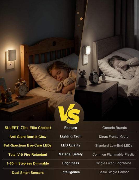 Sujeet Motion Sensor Night Light, Dimmable Plug in LED Nightlight 1-80lm Adjustable Brightness, 4 Pack Warm White with Dusk to Dawn Sensor & Backlit, Wall Night Light for Bathroom, Hallway, Stairs