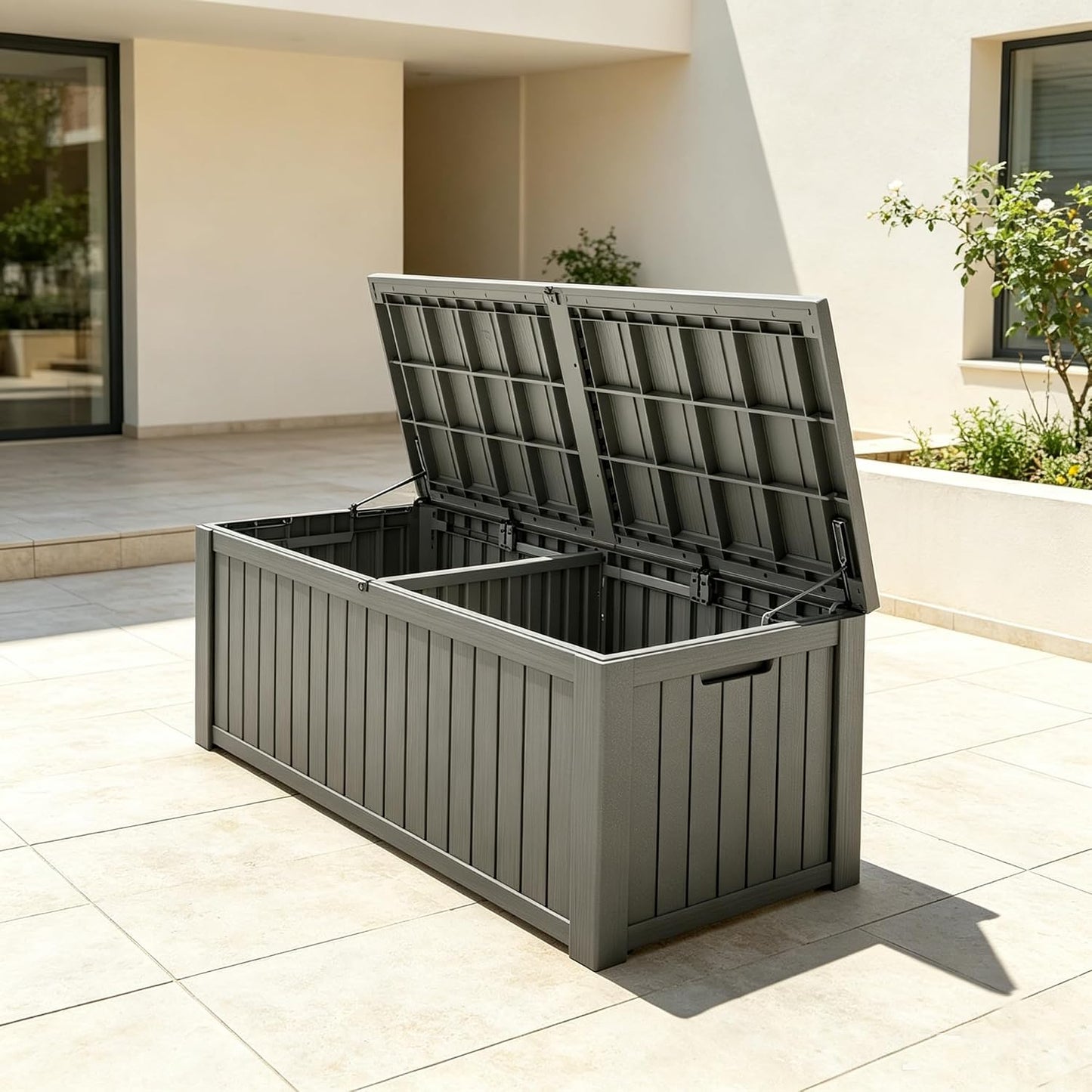 Fancyango 75 Gallon Outdoor Deck Box Waterproof, Large Storage Box for Patio, Resin Storage Bench Lockable for Garden Tools, Package Delivery, Black