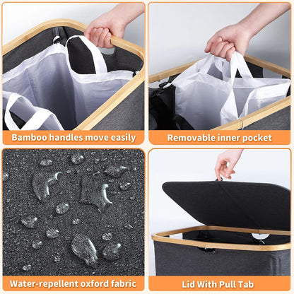 XLHOMO Double Laundry Hamper with Lid and Removable Bags, 150L Large Collapsible 2 Dividers Dirty Clothes Basket with Handles, Beige Double Laundry Basket Organizer for Bedroom,Laundry Room,College