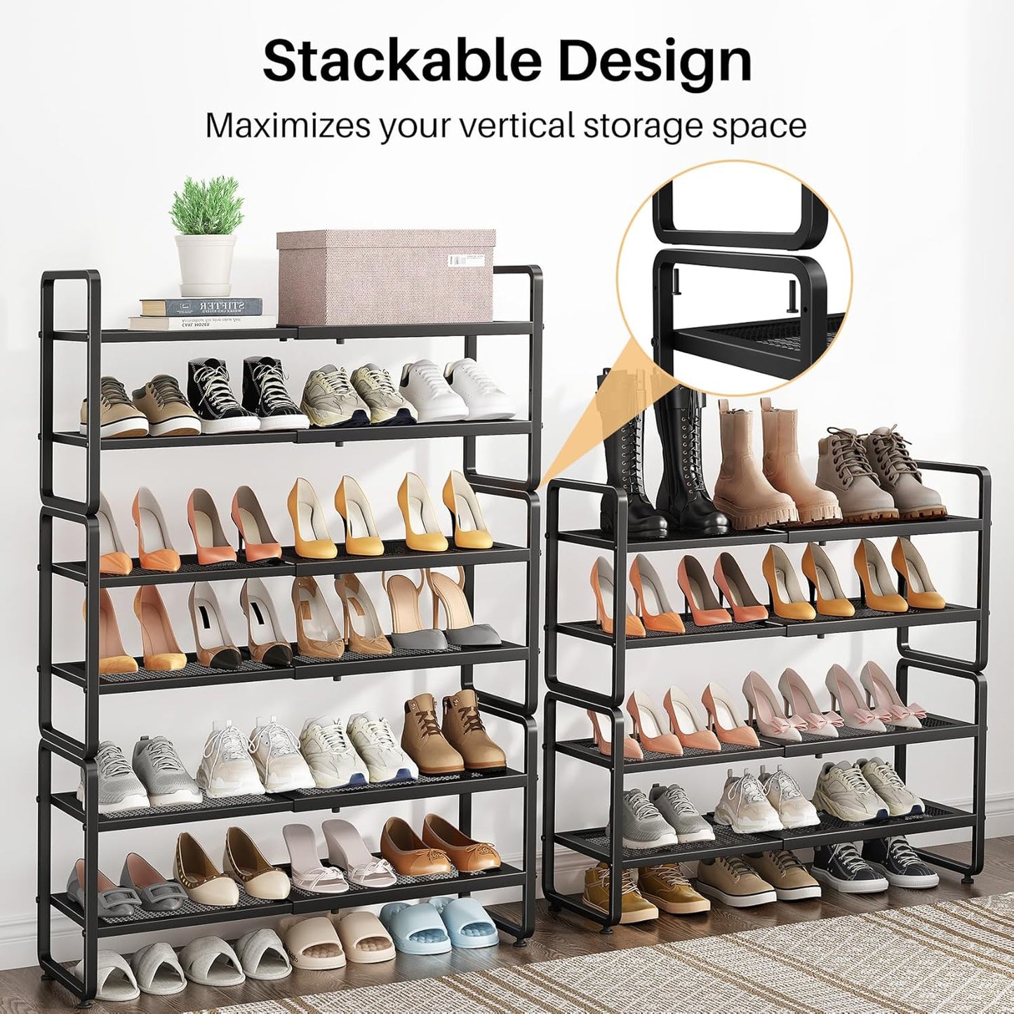 SNTD Shoe Rack - Expandable Shoe Organizer for Closet, Adjustable Metal Shoe Shelf Storage, Stackable Long Shoe Stand Holder for Garage, Entryway, Door Entrance (Black, 2-Tier)