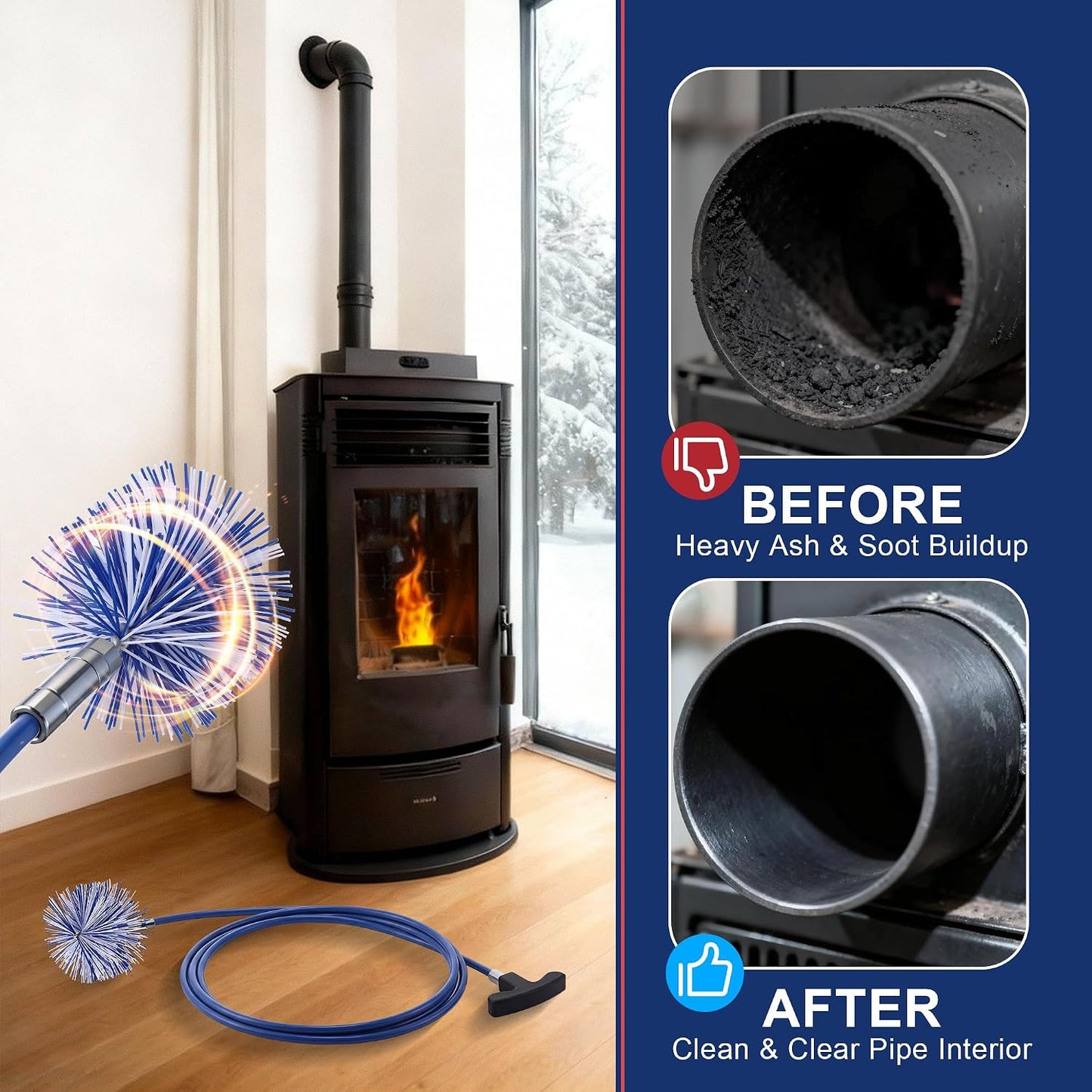 Dreyoo Pellet Stove Cleaning Brush Kit, 20 FT Flexible Steel Rod with 3" Brush Head, T Handle, Multi Purpose Flue Detail Cleaner, Nylon Stove Flue Pipe Kit for Pellet Furnace Exhaust Pipes
