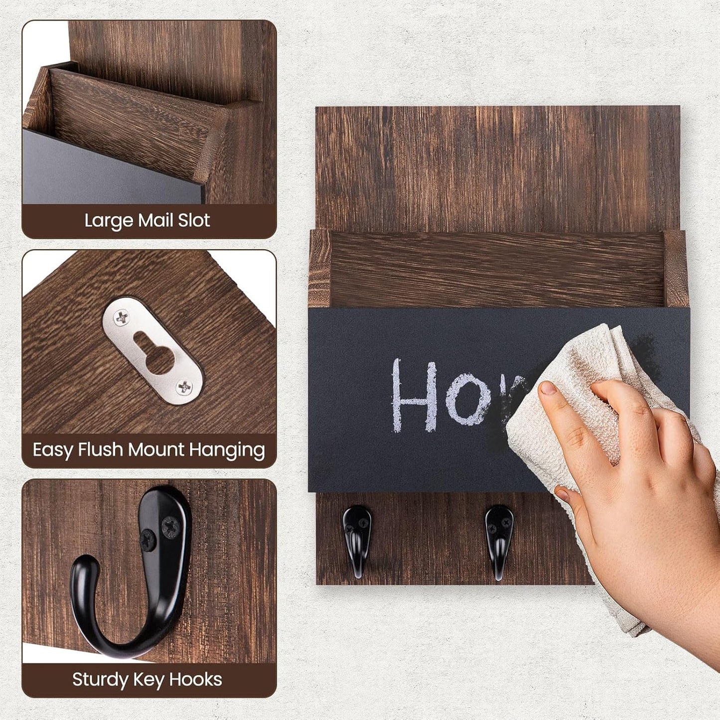 Key and Mail Holder for Wall Mount, Entryway Mail Holder with 2 Slot, Key Holder with 3 Sturdy Hooks for Coat, Dog Leash, Decorative Key Rack (8.86”W x 11.42”H x 3”D) (Black)