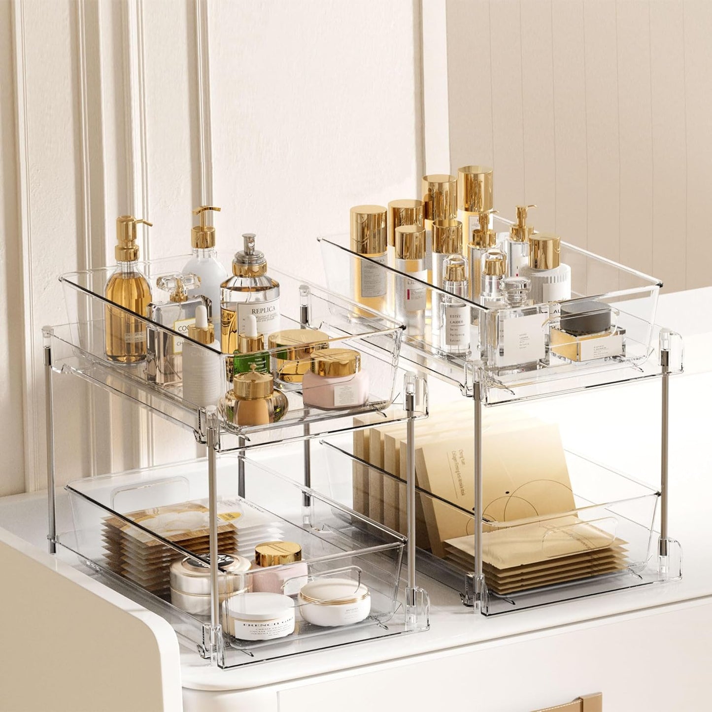 Vtopmart 2 Tier Bathroom Storage Organizer, 2 Pack Clear Under Sink Organizers Vanity Counter Container, Cabinet Drawers Bins, Pull-Out Organization with Track for Pantry, Kitchen