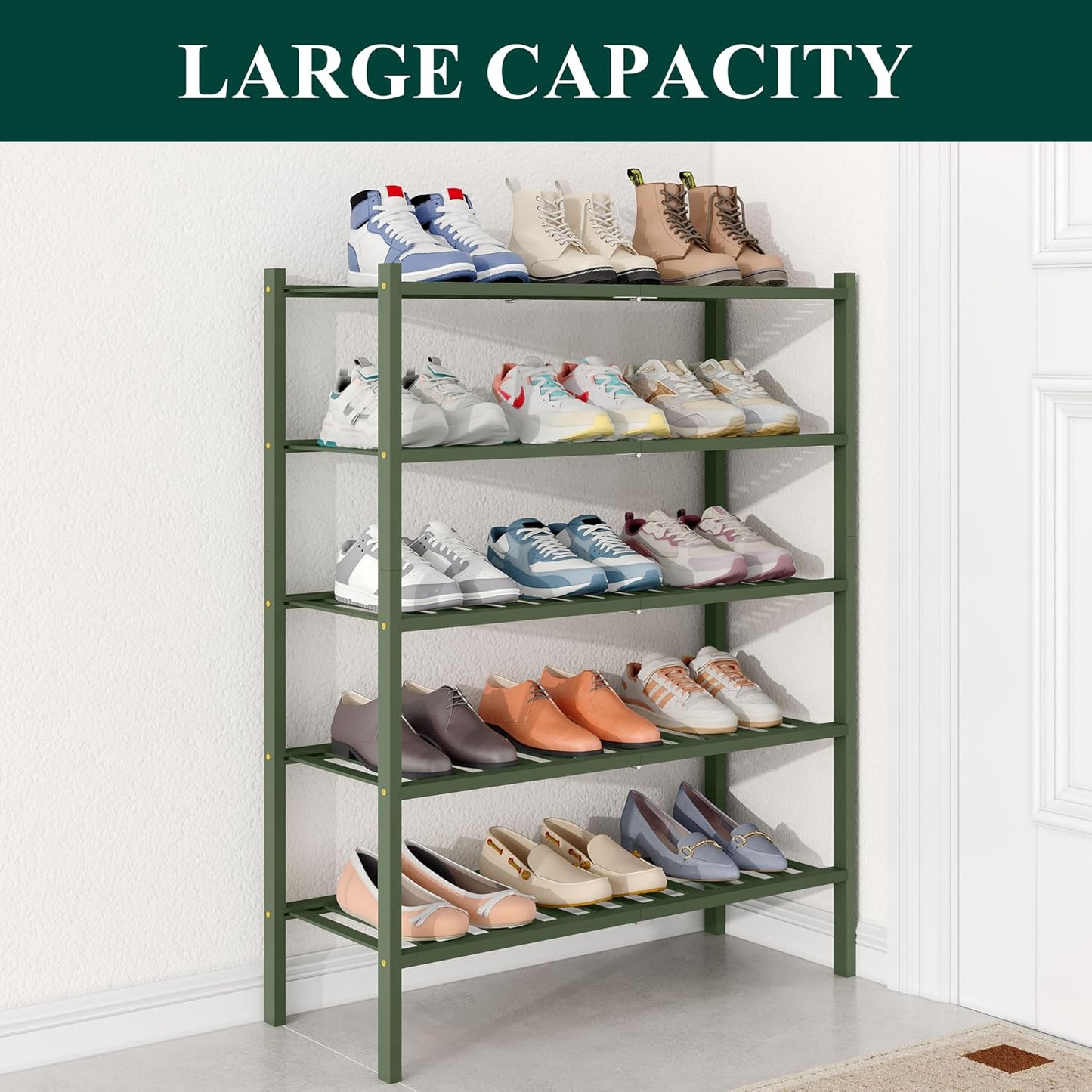 Smiry Bamboo Shoe Rack for Closet, 3 Tier Wooden Shoe Organizer, Stackable Wood Shoe Storage Shelf for Entryway, 14 Vertical Slats, One-piece Heavy-Duty Legs, 26.77"x11.02"x18.31", Natural