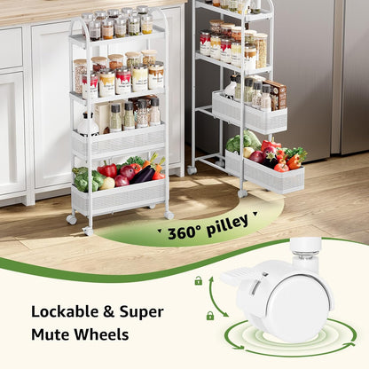 KINGRACK Slim Storage Cart with Drawer, 5-Tier Rolling Utility Cart on Wheels, Narrow Metal Cart for Space Save, Easy Assembly for Kitchen Cart, Craft Cart, Laundry, Bathroom, Nursery Organizer