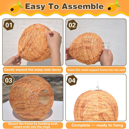Fake Wasp Nest 4 Pack, Upgraded Waterproof Wasp Nest Decoy for Outdoor Hanging with Stainless Steel Frame, Realistic Artificial Hornet Nests for Patio, Porch, Eaves, Garden, House, Yellow