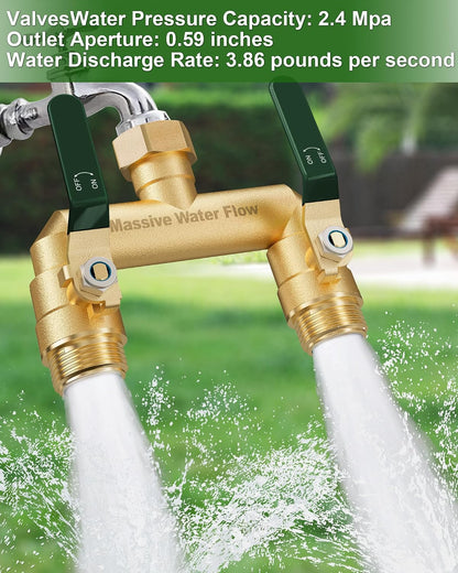Hose Splitter 2 Way Heavy Duty, Full Flow Garden Hose Splitter with 2 Long Metal Handles, Brass Rust and Freeze Resistant Water Hose Bib Splitter, T Adapter Connector with 3/4 - Inch GHT Thread（Red）