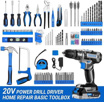 Cordless Drill Tool Kit Set: 20V Power Drill Tool Box with Battery Electric Drill Driver for Men Home Hand Repair Basic Toolbox Tools Sets Drills Case