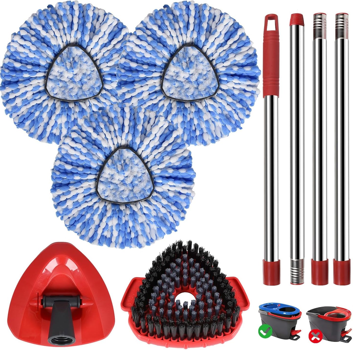 Spin Mop Replacement Head Set for O Ceda Mop RinseClean 2-Tank System, 3 Pack Mops Heads Replacements + Scrub Brush + 30-58" Handle & Base, Microfiber Mops Head Floor Mop Refill Kit