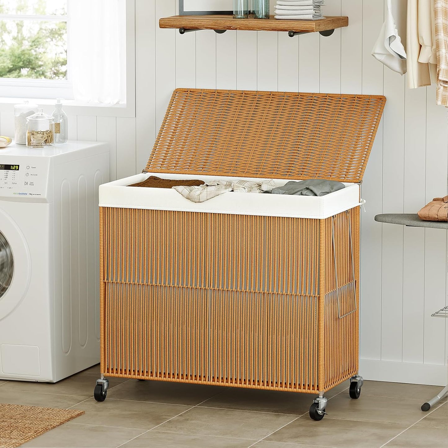 WOWLIVE Laundry Hamper with Wheels, 160L Handwoven Rolling Laundry Basket 3 Section with Lid, Clothes Hamper with Removable Liner Bags, Large Capacity Laundry Sorter Laundry Room Organization, Natural