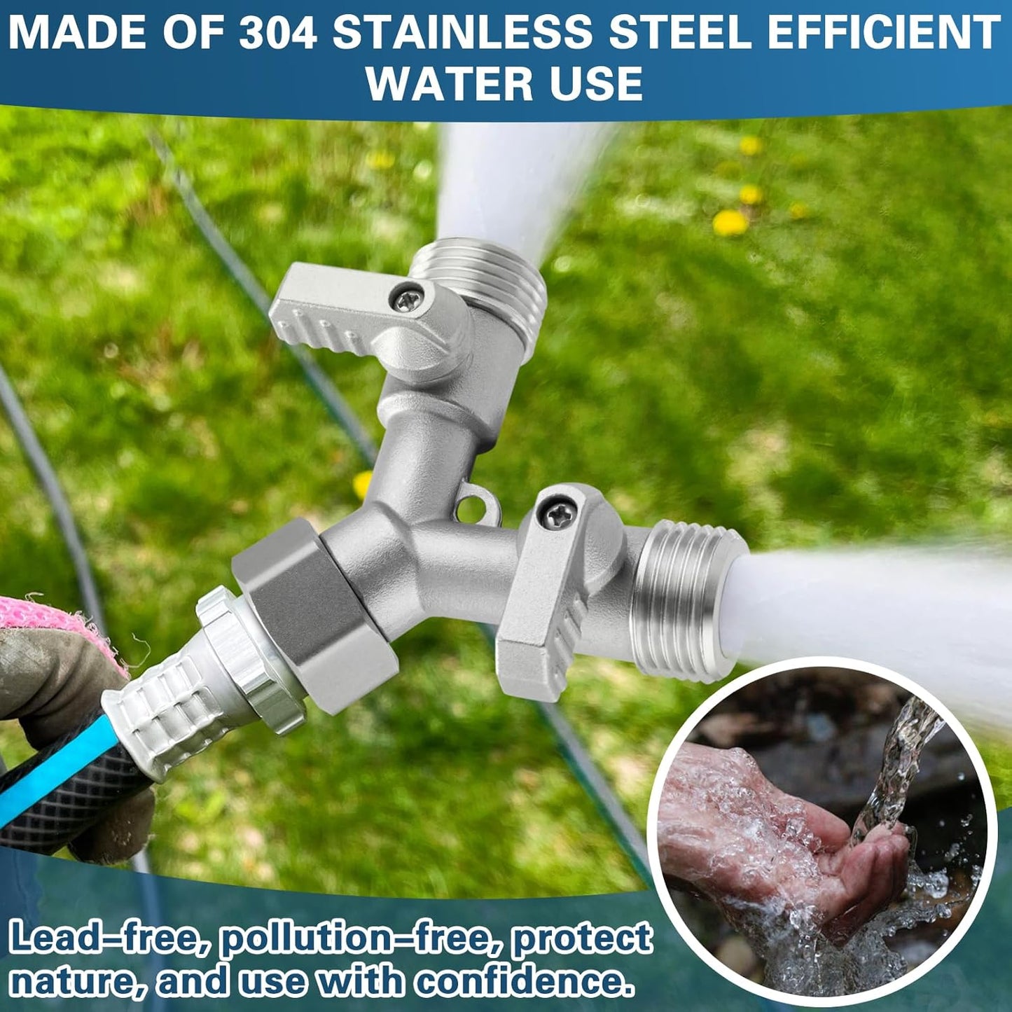 4 Way Garden Hose Splitter, 304 Stainless Steel Outdoor Faucet Splitter with 4 Individual Shut Off Valves, 3/4" GHT High Flow Hose Bib Spigot Connector