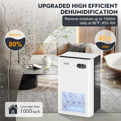 ToLife Dehumidifier for Home 95 OZ Water Tank, 1000 sq.ft Dehumidifiers for Basement Bedroom Bathroom with Auto Shut Off 7 Colors LED Light, Grey