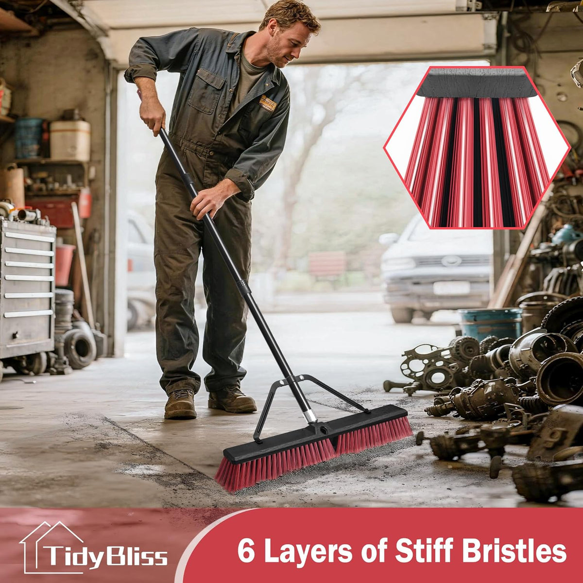 TidyBliss 24” Push Broom Outdoor Heavy Duty, Large Commercial Stiff Bristle Brush with 63 inches Long Handle for Garage Shop Garden Yard Patio Deck Street Warehouse Lawn Driveway (Yellow-Green)
