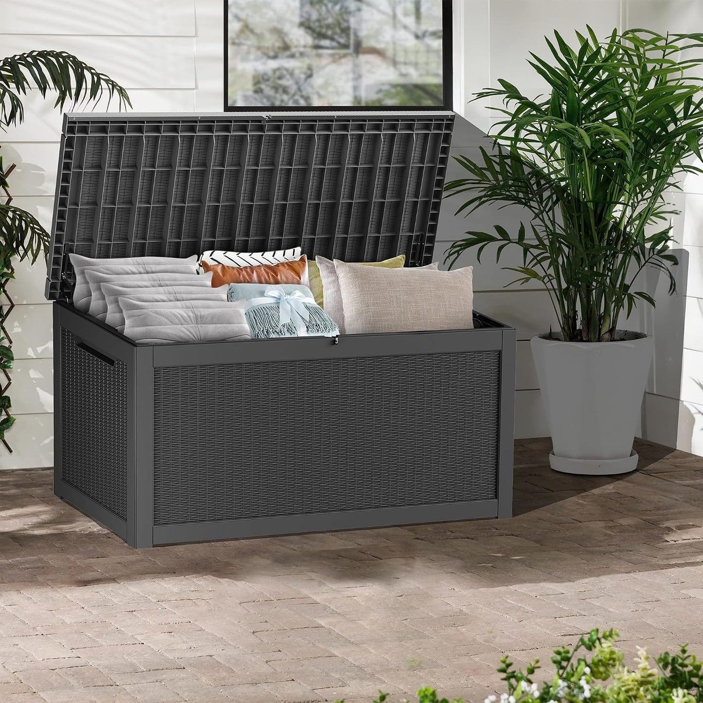 Outdoor Storage Box, 320 Gallon Waterproof Deck Box [Upgraded 3.0], Dual Gas-Spring Ultimate Resin Organizer for King Cushions, Heavy-Duty Lockable Estate Storage Bench, Backyard BBQ, Black